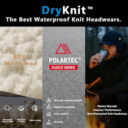 TOP-EX DryKnit™ 80% Merino Wool Waterproof Warm Brim Beanie with Ear Flaps - color: Gray, size: Medium-Large