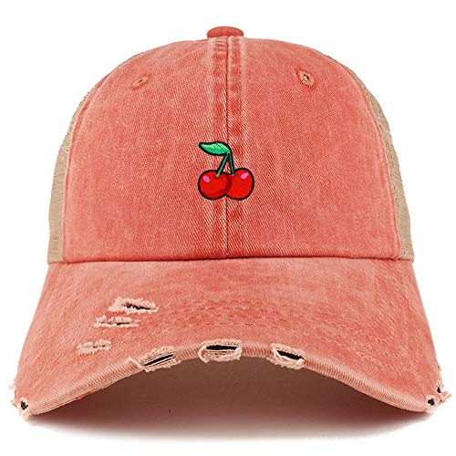 Trendy Apparel Shop Cherry Patch Pigment Dyed Mesh Back Frayed Bill Trucker Cap - color: Orange