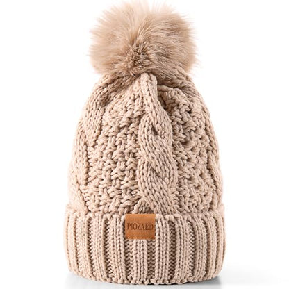 Women's Winter Pompom Beanie Warm and Cozy Knit Hat Fleece Lining Skull Cap for Women - color: Oat