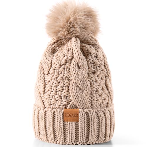 Women's Winter Pompom Beanie Warm and Cozy Knit Hat Fleece Lining Skull Cap for Women - color: Oat