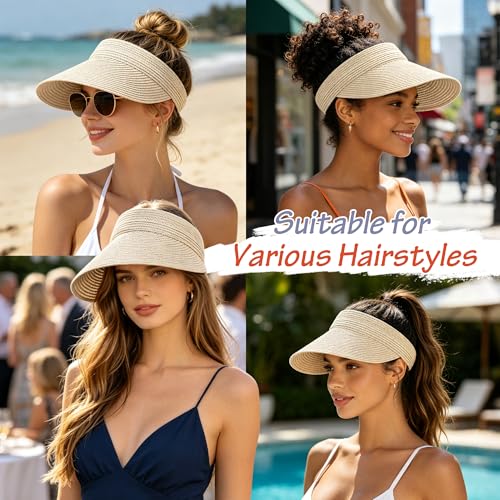 3 Pack Women Straw Sun Visor Hats, Wide Brim UV UPF 50+ Protection Beach Visor, Packable Adjustable Summer Hats for Traveling - color: Beige+beige+beige