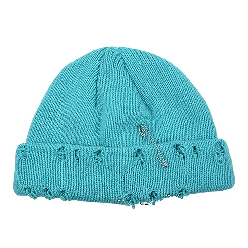 AIBEARTY Swag Short Fisherman Beanie for Men Women Rolled Cuff Beanie Skull Caps Wool Knit Winter Ski Hat with O Rings - color: Blue With Pin