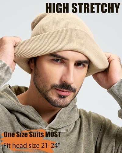100% Cotton Beanie Lengthen Cuffed Beanies Knit Winter Hats Unisex - color: 1-khaki