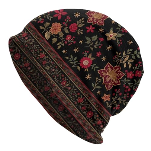 Slouchy Beanies Skull Caps for Women Men, Cool Running Hat Soft Night Caps for Sleeping Chemo Headwear - color: Vintage Bohemian Floral Art Print