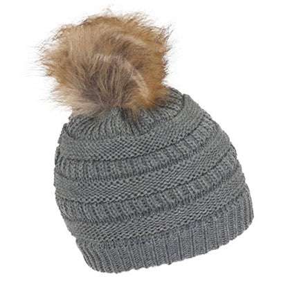 Gravity Threads Cable Knit Faux Fur Pom Pom Beanie Hat - color: Light Melange Grey