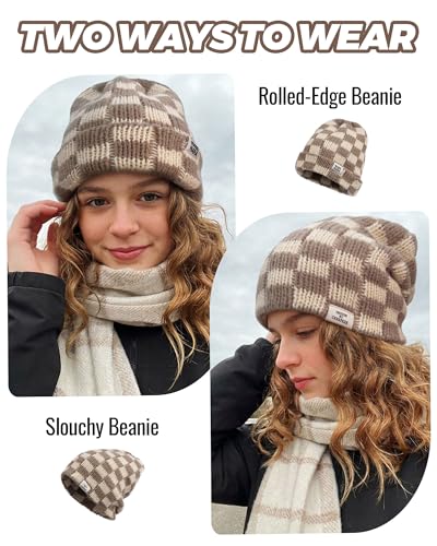 CLAPE Womens Cute Slouchy Beanies Hats, Winter Warm Chunky Checkered Beanie Large Cuff Knitted Hat Ski Cap for Cold Weather - color: Kh56-cream Color