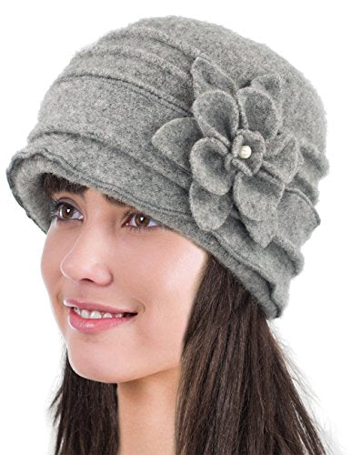 Dahlia Women's Winter Hat - Wool Cloche/Bucket Hat, Slouch, Flower - color: Ruffle Bucket Hat: Gray