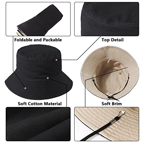 XXL Oversize Bucket Hat, Reversible Cotton Fisherman Hats, Unisex Double Side Wear Bucket Sun Hats with Chin Strap - color: Black-beige, size: XX-Large