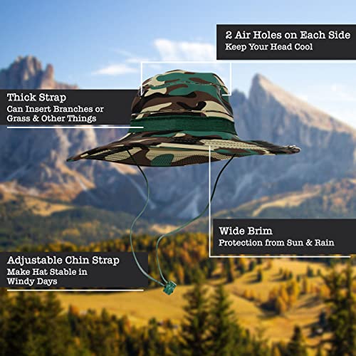 BaHoki Essentials Military Style Bucket Hat - Camo Outdoor Hat with Adjustable Strap - Wide Brim Safari Hat - style: Woodland
