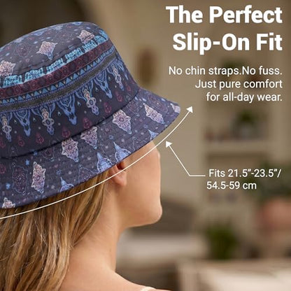 ZLYC Printed Bucket Hat for Women Men Packable Summer Sun Hat for Beach - color: Boho Navy