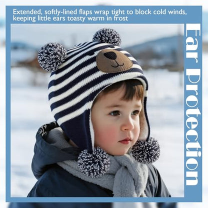 Baby Winter Hat Toddler Beanie Warm Fleece Lined Earflap Cap with Pom Pom - color: Bear Navy, size: 0-12 Months