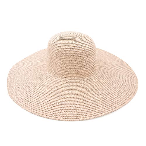 Womens 5.75" Wide Brim Foldable UPF50 Floppy Summer Straw Hat Sun Beach Hat - color: Pale Pink