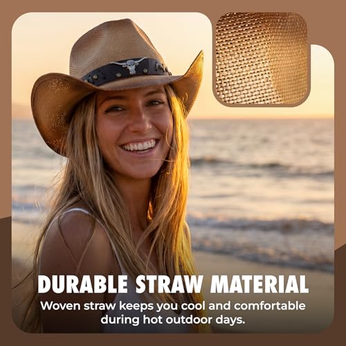 grinderPUNCH Straw Cowboy Hat for Men Women Western Cowgirl Outback Sun Hat - color: Classic Brown