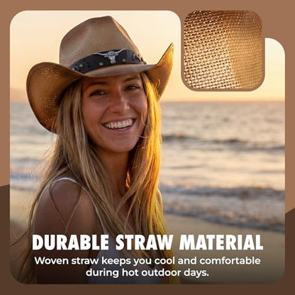 grinderPUNCH Straw Cowboy Hat for Men Women Western Cowgirl Outback Sun Hat - color: Classic Brown