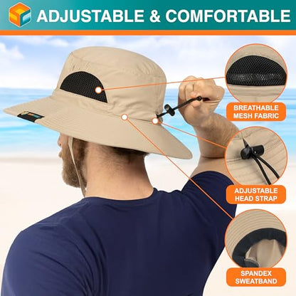 SUN CUBE Wide Brim Sun Hat for Men & Women, UPF 50+ UV Protection, Mesh Boonie Hat with Chin Strap, Fishing Hiking Hat - color: Tan