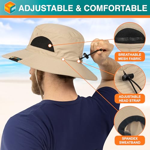 SUN CUBE Wide Brim Sun Hat for Men & Women, UPF 50+ UV Protection, Mesh Boonie Hat with Chin Strap, Fishing Hiking Hat - color: Tan