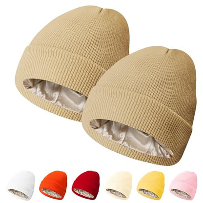 PFFY Womens Satin Lined Beanie Silk Lining Winter Hats Beanies for Women - color: Khaki+khaki