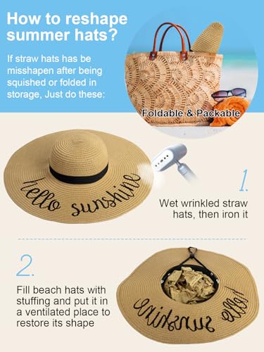 Sun Beach Straw Hats for Women, Summer Wide Brim Hat - color: Dark Khaki(hello Sunshine), size: Large