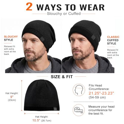 Fleece Lined Mens Beanie Scarf Set Thick Knit Winter Hat Neck Warmer Unisex - color: Black