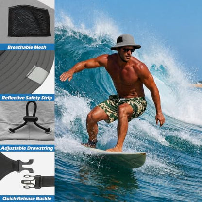 Surblue Surf Bucket Hat with Widened Chin Straps UPF 50+ Windproof Sun Hat Adjustable Packable Cap for Water Sports Surfing - color: Lightgray
