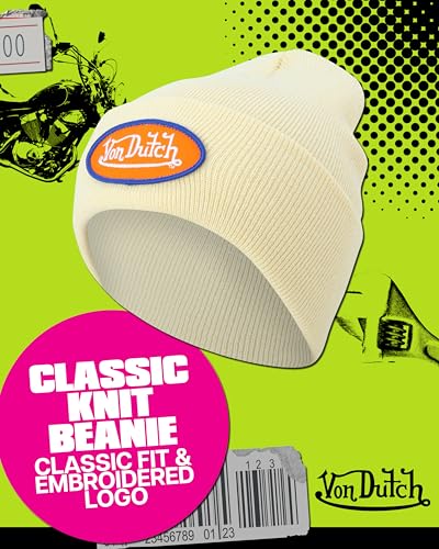 Von Dutch Unisex Cuffed Knit Skull Cap Beanie, Embroidered Logo - color: Canvas