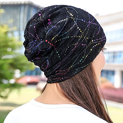 XYIYI Womens Chemo Headwear Hats Cotton Slouchy Beanie Cap Scarf - color: 2pcs Lace Black Beige-t