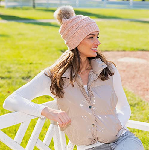 Funky Junque Cozy Ribbed Beanie with Luxurious Faux Fur Pom Pom - Warm Cable Knit Winter Skull Cap - color: Red W/Natural Pom