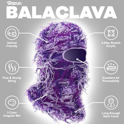 ROXUN Distressed Ski Mask Balaclava, Yeat Shiesty Fluffy Knitted Full Face - color: 01- Purple Mixed