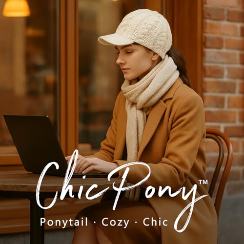 ChicPony™ Merino Wool Visor Ponytail Beanie with Brim Fleece Lined 3 Bun Openings Hole Warm Windproof Knit Cap Winter Hat - color: Ivory Cream(pony)