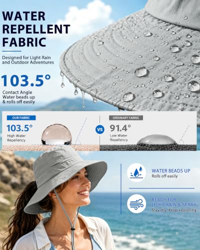 Womens Ponytail Sun Hat UPF50+ Waterproof Bucket Hat Packable Beach Hat - color: Light Grey