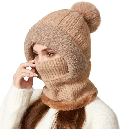 HUAMULAN Women Cable Knit Balaclavas Winter Fleece Lined Beanie Hat - color: Solid Khaki