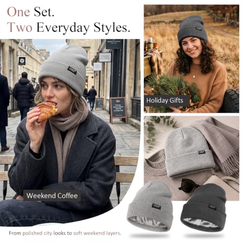 2 Pack Satin Lined Beanies for Men and Women Warm Cuffed Winter Hats - color: Dark Grey+light Grey