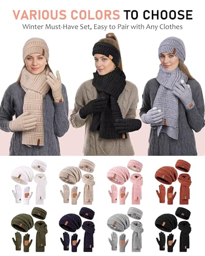 Womens Winter Beanie Hat Scarf Gloves Headband Set, Slouchy Beanie Ear Warmer Knit Scarf Touchscreen Gloves Warm 4 Gift Set - color: Army
