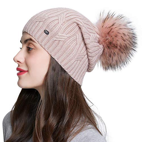 Women's Knitted Angora Wool Hat for Autumn and Winter Warm and Stylish with Rolled Brim and Slanted Rhinestones Cap - color: Logo-pink&pink Fur Pompom