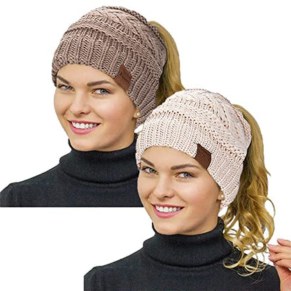 Rosoz 2 Pack Ponytail Beanie for Women,Winter Warm Beanie Tail Soft Stretch Cable Knit Messy High Bun Hat - color: 2pack-beige/Khaki