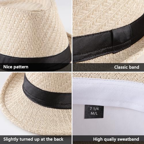 XL Straw Fedora Hats for Men Summer Trilby Beach Travel Panama Casual 7 1/2 - color: S001 Beige