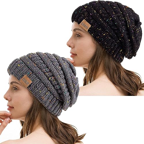 REDESS Slouchy Beanie Hat for Men and Women Winter Warm Knit Hat Chunky Soft Oversized Cable Cap - color: Dot Black+dot Dark Grey