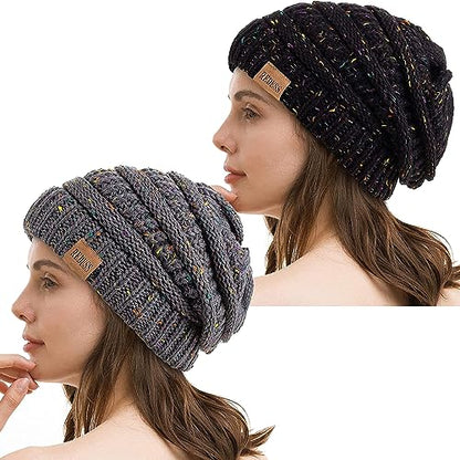 REDESS Slouchy Beanie Hat for Men and Women Winter Warm Knit Hat Chunky Soft Oversized Cable Cap - color: Dot Black+dot Dark Grey