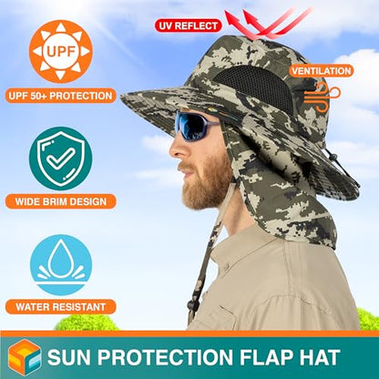 SUN CUBE Wide Brim Sun Hat for Men & Women, UPF 50+ UV Protection, Mesh Boonie Hat with Chin Strap, Fishing Hiking Hat - color: Camo Green With Flap