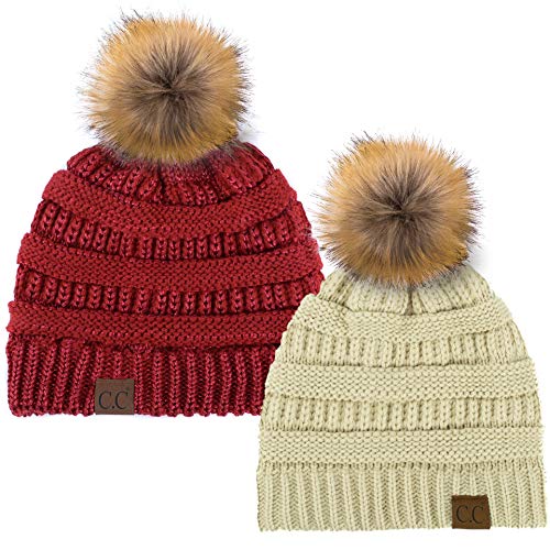 C.C Hat-43 Thick Warm Cap Hat Skully Faux Fur Pom Pom Cable Knit Beanie 2 Pack - color: Beige/Metallic Red