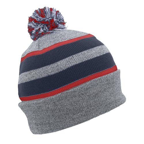 Pacific Headwear Unisex Adult Pacific Headwear Knit Fold Over Pom-pom Beanie - color: Heather/Navy/Red, size: One Size
