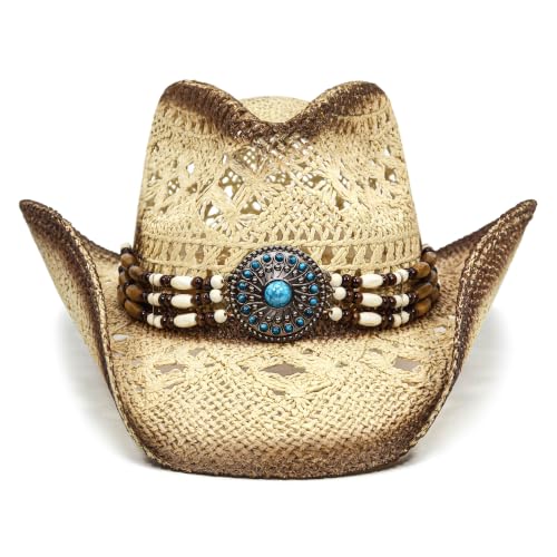 FLUFFY SENSE. Cowgirl Hats for Women Straw Cowboy Hat Western Beach Sun Hat with Shapeable Brim for Coastal Cowgirl - color: Cream Beige