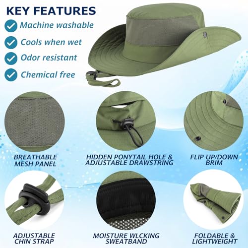 Cooling Sun Bucket Hat, UPF 50+ Wide Brim Boonie Hat with Ponytail Hole - color: 01 Army Green