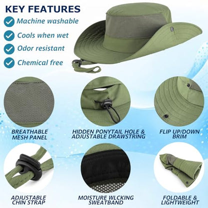 Cooling Sun Bucket Hat, UPF 50+ Wide Brim Boonie Hat with Ponytail Hole - color: 01 Army Green