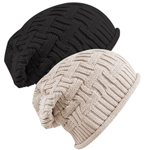 Senker Fashion 2 Pack Winter Beanie Hats for Women, Womens Slouchy Beanies - color: Beige Black