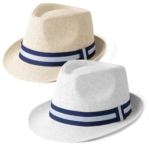 4 Pack Short Brim Straw Fedora Summer Beach Sun Hat Men - color: 2 Pcs Set L