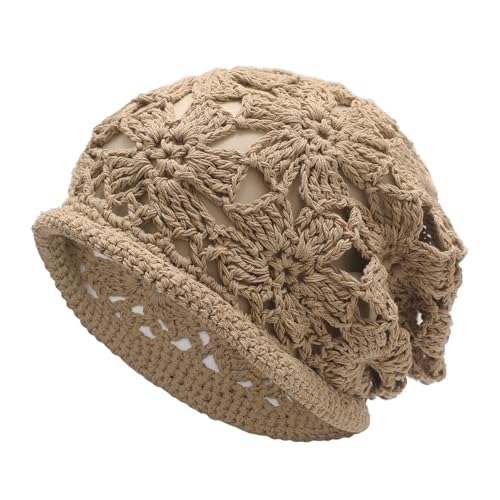 ZLYC Women Cotton Crochet Slouchy Beanie Hat Handmade Knit Summer Skull Cap - color: Crochet Khaki