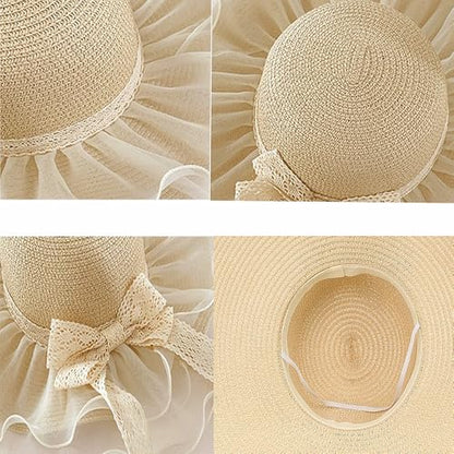 Women Summer Straw Hat Sun UV Protection Wide Brim Breathable Beach Visor Hats - color: Beige