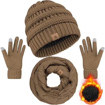LOROME Winter Beanie Hat Scarf Gloves, Warm Fleece Knit Neck Scarf Set Gift - color: Khaki