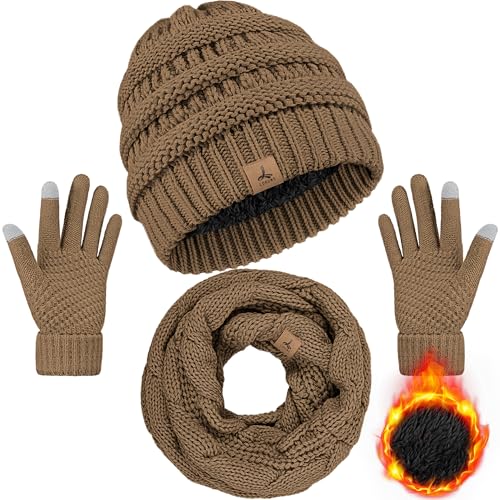 LOROME Winter Beanie Hat Scarf Gloves, Warm Fleece Knit Neck Scarf Set Gift - color: Khaki